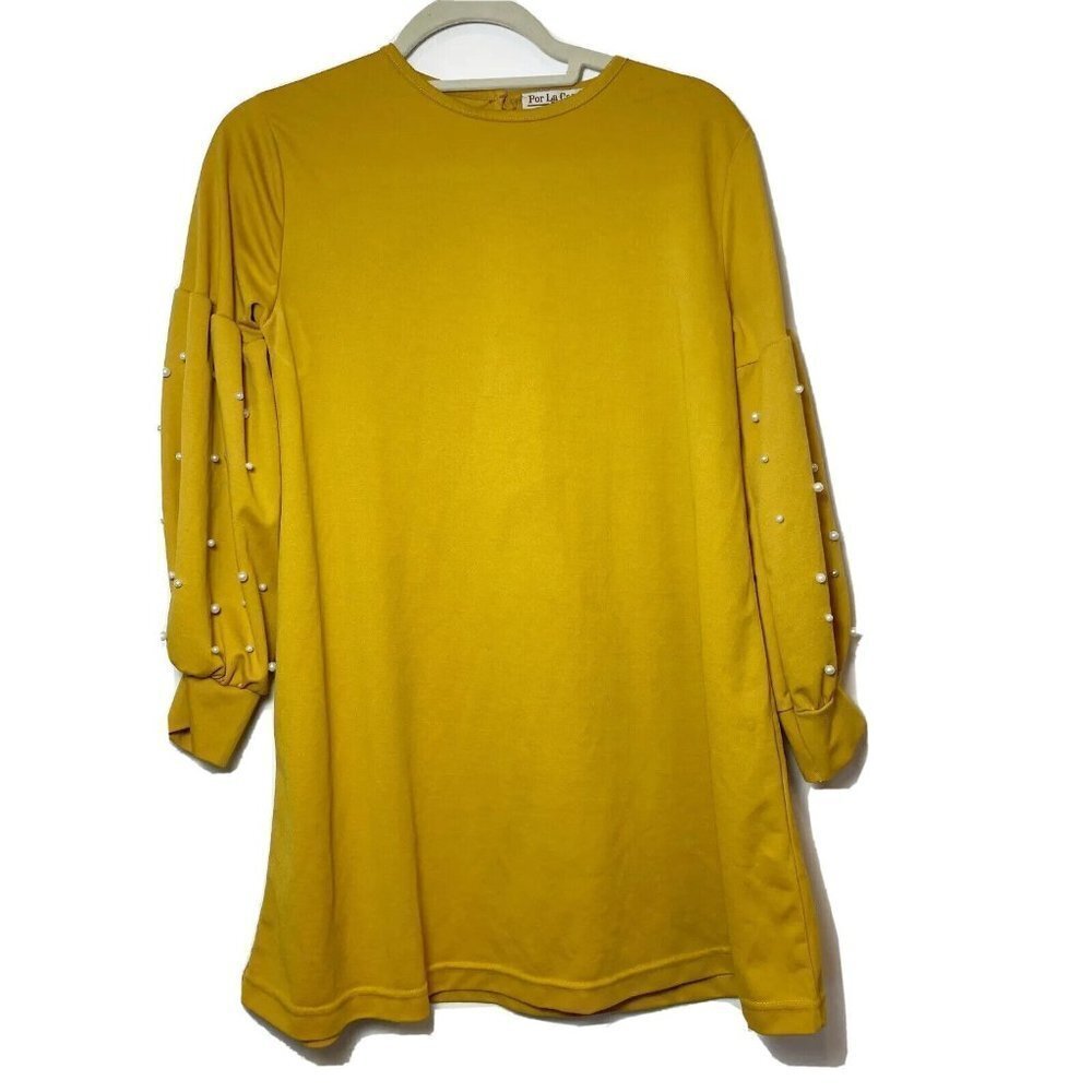 Por La Cara Womens Embellished Pearls Tunic Blouse Yellow 38‎ Balloon Sleeve